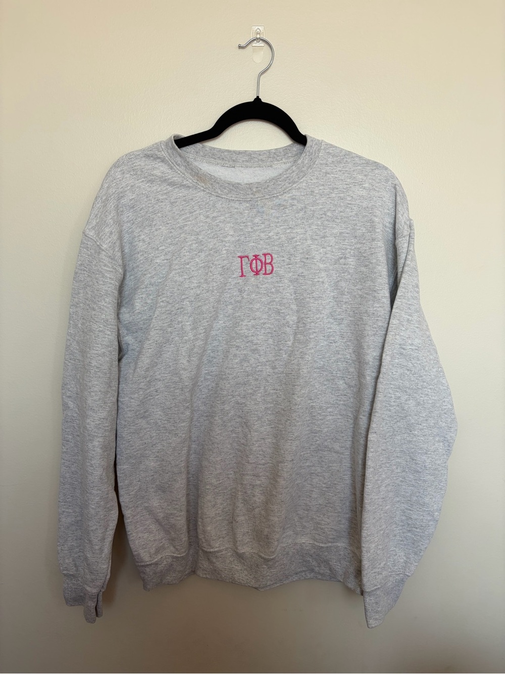 Gray Crewneck Sweatshirt with Pink Gamma Phi Beta Embroidery